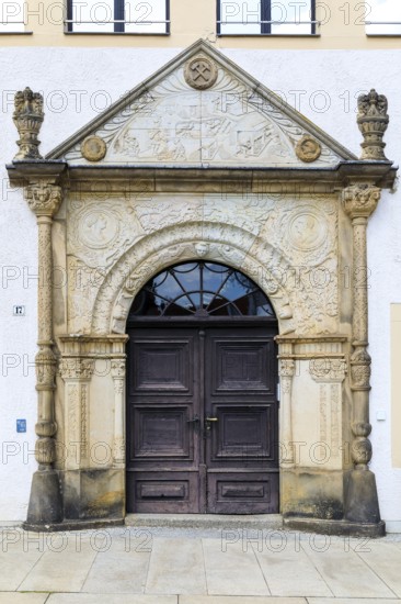 Renaissance portal with motifs from Freiberg mining at Lisskirchner-Haus, Obermarkt 17, Freiberg, Saxony, Germany