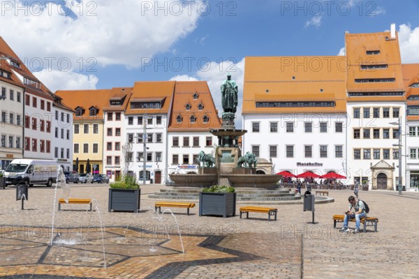 Obermarkt with water feature, fountain monument with city founder Otto the Rich and historic town houses on the northwest side, Freiberg, Saxony, Germany