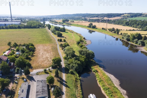 Down the Elbe valley in Coswig, in front the ferry port of Coswig, in the background Readebeul and Dresden, Saxony, Germany