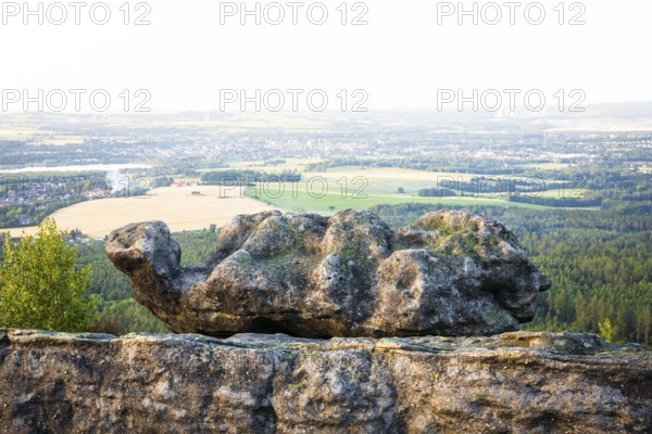 Turtle rock formation on Mount Töpfer near Oybin with views of Zittau and as far as Poland, Zittau Mountains, Saxony, Germany