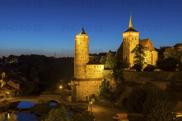 City view at night with Spree, Old Water Art and St. Michael's Church, Bautzen, Upper Lusatia, Saxony, Germany