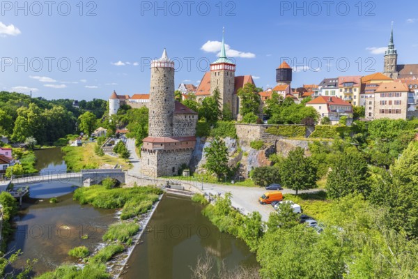 City view with Spree, Ortenburg, Alte Wasserkunst, St. Michael's Church and Cathedral, Bautzen, Upper Lusatia, Saxony, Germany