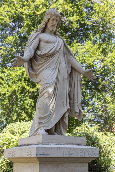 Large figure of Jesus Christ with outstretched arms at the Neschwitz cemetery, Upper Lusatia, Saxony, Germany