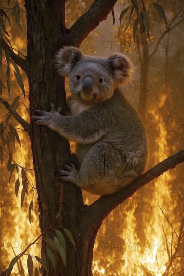 A koala in Australia sits on a burning eucalyptus tree, symbol of marsupial, fire, bushfire, fire, forest fire, climate warming, climate disaster, eucalyptus, global warming, climate crisis, nature conservation, AI generated, AI generated