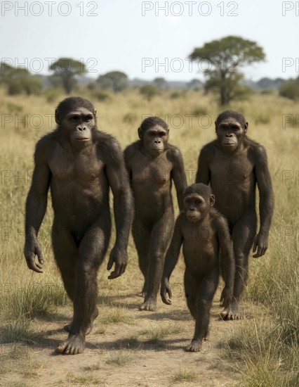 A group of Australopithecus runs through a savanna, symbol extinct, fossil, prehuman, Africa, paleontology, australopithecines, hominids, extinct, primates, prehistoric, AI generated, AI generated