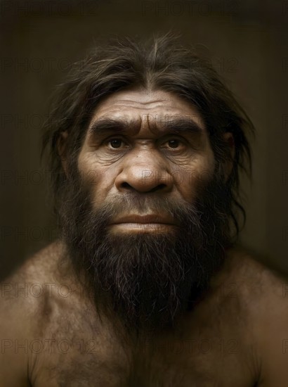 Portrait of a Neanderthal man, symbolic image paleontology, Homo Neoka ensis, primate, prehistoric period, extinct, hominid, ice age, prehistoric, AI generated, AI generated