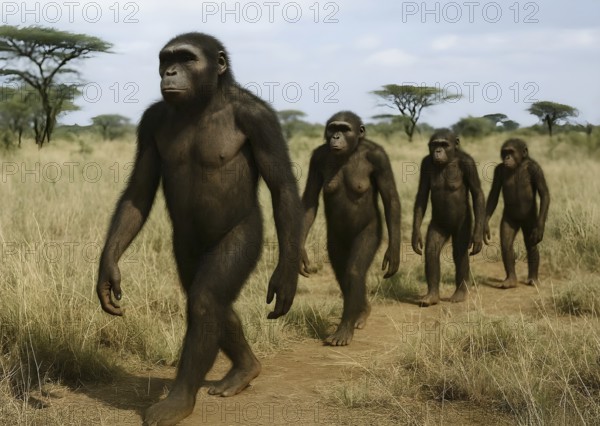A group of Australopithecus runs through a savanna, symbol extinct, fossil, prehuman, Africa, paleontology, australopithecines, hominids, extinct, primates, prehistoric, AI generated, AI generated