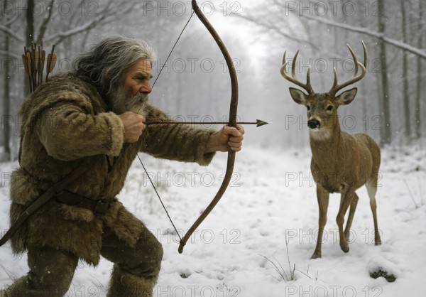 Ice Age hunter hunts a deer with bow and arrow, symbol image Ice Age, prehistoric period, paleontology, homo sapiens, prehistoric, AI generated, AI generated