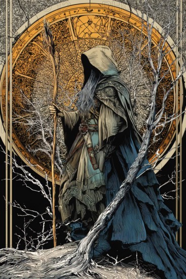 Modern representation of tarot card The Hermit symbolizing enlightenment, soul searching, introspection, contemplation, solitude, Inner wisdom, AI generated