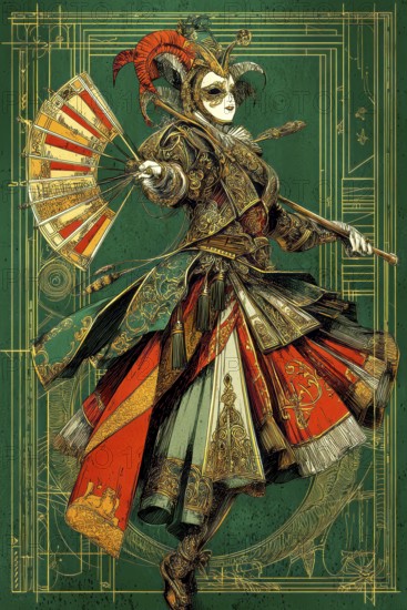 Modern representation of tarot card The Harlequin symbolizing duality, transformation, wit, adaptability, AI generated