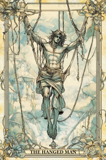 Modern representation of tarot card The Hanged Man symbolizing uncertainty, lack of direction, sacrifice, perspective, AI generated