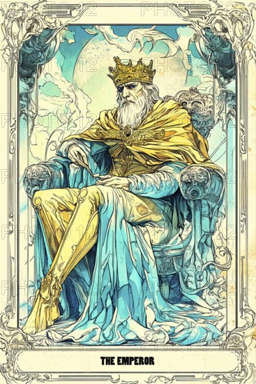 Modern representation of tarot card The Emperor symbolizing stability, fatherhood, authority, older man, addiction, AI generated