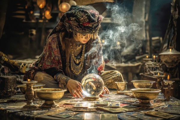 Surreal Woman Fortune Teller with crystal ball and tarot cards symbolizing future, prediction, AI generated