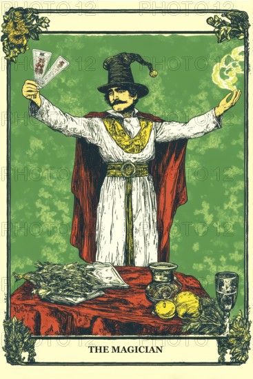 Classical representation of tarot card The Magician symbolizing power, influence, skill, ability, logic, psychic powers, AI generated