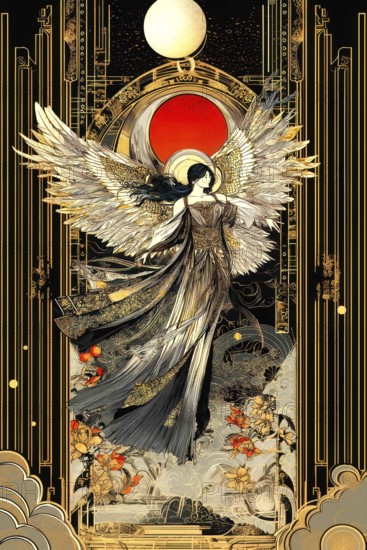 Modern representation of tarot card The Temperance symbolizing balance, peace, moderation, harmony, patience, tranquility, AI generated