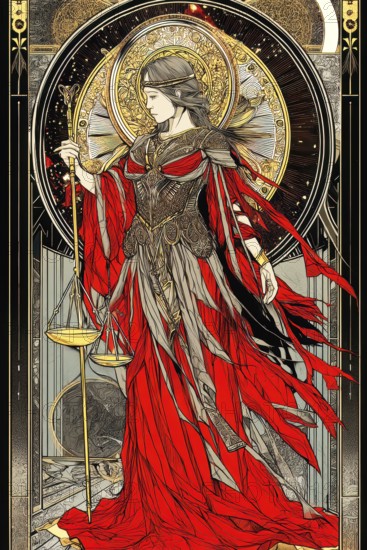 Modern representation of tarot card The Justice symbolizing justice, law, truth, honesty, integrity, AI generated