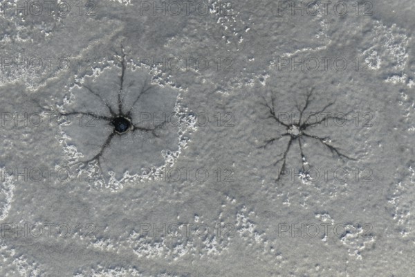 Steam holes, steam hole, lake, frozen, ice, hoarfrost, cold, winter, sunny, aerial view, foothills of the Alps, Bavaria, Germany