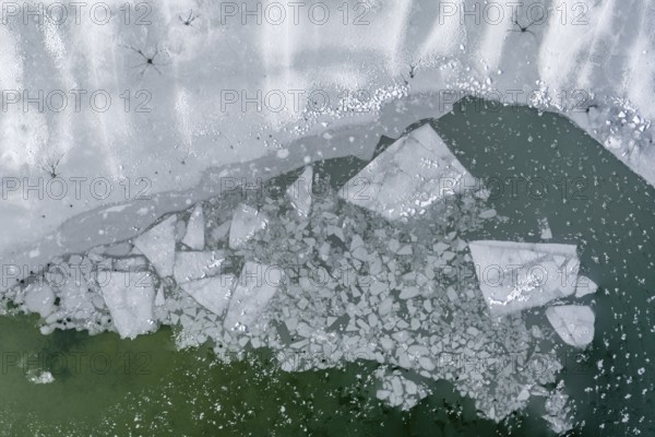 Ice floes, ice sheets, lake, frozen, ice, hoarfrost, cold, winter, sunny, aerial view, foothills of the Alps, Bavaria, Germany