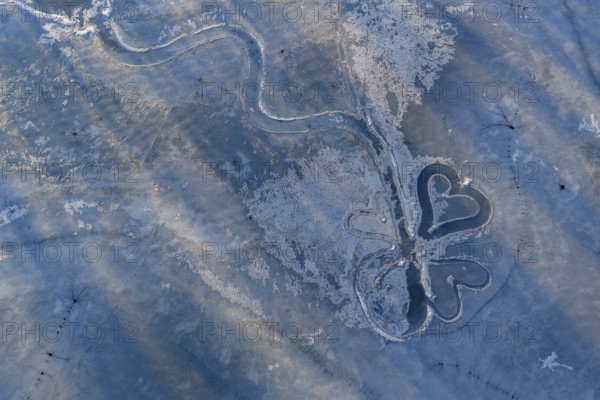 Lake, frozen, ice, heart, art, hoarfrost, cold, winter, sunny, aerial view, Riegsee, Murnau, foothills of the Alps, Bavaria, Germany