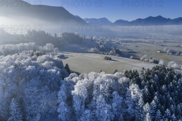 Winter landscape, fog, high fog, mountain landscape, hoarfrost, cold, trees, forest, winter, sunny, aerial view, view of Zugspitze, Laber, foothills of the Alps, Bavaria, Germany