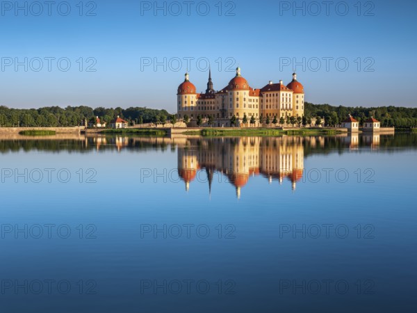 Moritzburg Castle, Augusts the Strong hunting lodge in morning light, water reflection in the lake, Saxony, Germany