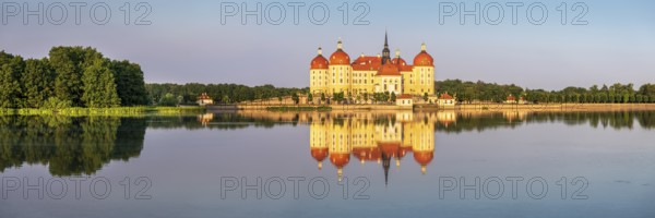 Panorama, Moritzburg Castle, Augusts the Strong hunting lodge in morning light, water reflection in the lake, Saxony, Germany