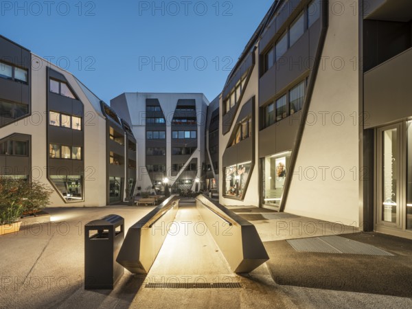 The Sonnenhof at dusk, office and residential building, modern architecture, Jena, Thuringia, Germany