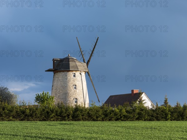 Tower windmill in the village of Ebersroda, Saxony-Anhalt, Germany