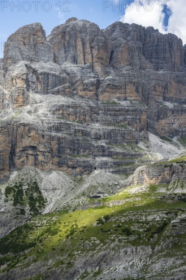 Cliffs and Rifugio Maria e Alberto ai Brentei, Brenta Mountains, Brenta-Adamello Natural Park, Trentino, Italy