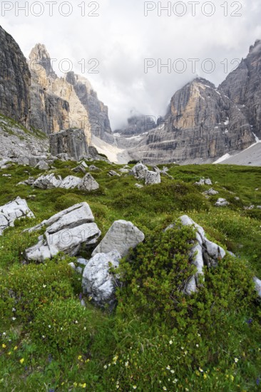 Cliffs and pinnacles in fog, Brenta Mountains, Brenta-Adamello Natural Park, Trentino, Italy