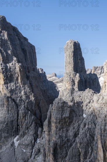 Campanile Alto pinnacle, Bocchette Centrale band trail, via ferrata in the Brenta Mountains, Brenta-Adamello Natural Park, Trentino, Italy