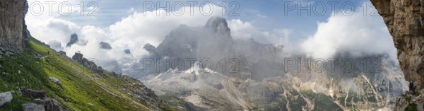 Alpine panorama, fog and Torre Di Brentai and Cima Tosa, rocky mountain peaks and mountain landscape, Brenta Mountains, Brenta-Adamello Natural Park, Trentino, Italy