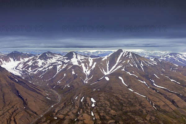 Aerial view over Adventdalen in summer, 30-kilometre valley and river Adventdalselva on the island Spitsbergen in Svalbard, Norway