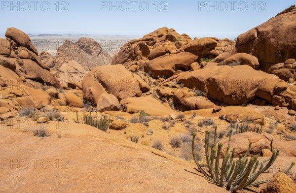 Sublime rock formations in the vast desert landscape of Spitzkoppe with isolated vegetation, Spitzkoppe, Erongo, Namibia