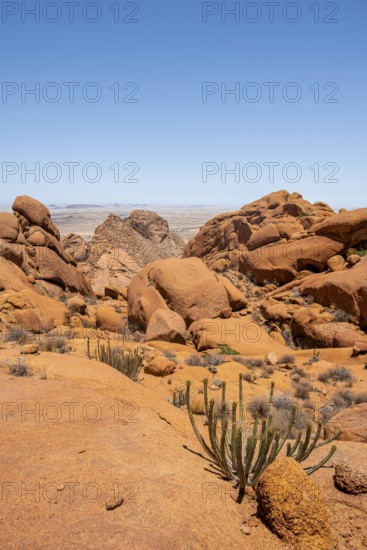 Rocky landscape under bright blue sky in Spitzkoppe, with some vegetation, Spitzkoppe, Erongo, Namibia