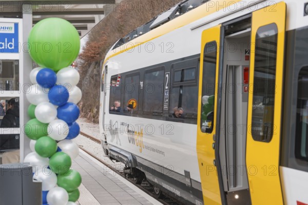 A yellow and white train at the train station with colorful balloons in the foreground, opening of the Hermann Hesse Railway, Calw, Germany
