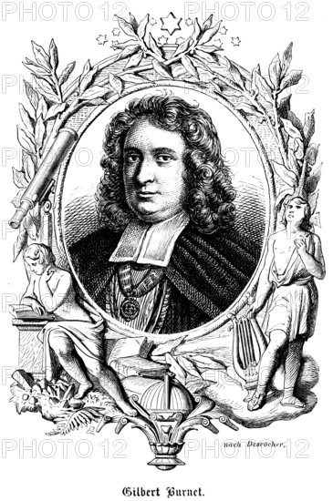 Gilbert Burnet (1643 -1715), Scotland, philosopher and historian, Bishop of Salisbury. Portrait, curls, medals, ornaments, stars, harp, reading a book, telescope, leaves, historical illustration 1863