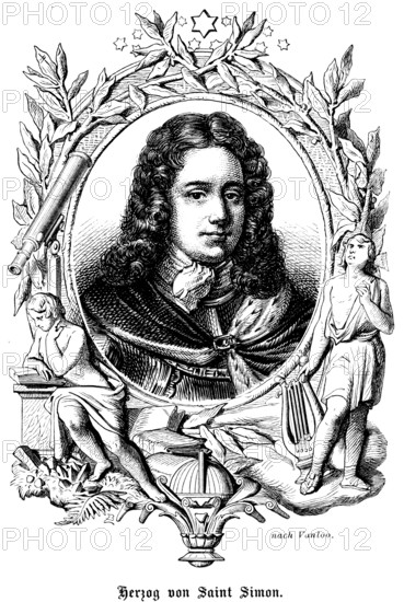 Duke of Saint Simon, French and Spanish dukes from 1635-1865 France, department Aisne, portrait, wig, curls, scarf, serious look, ornamentation, stars, harp, book reading, telescope, leaves, historical illustration 1863