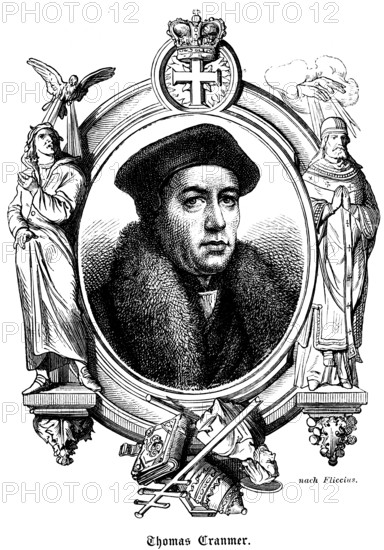 Thomas Cranmer (1489, 1556) England, Archbishop of Canterbury, reformer of the church, portrait, cap, fur coat, serious look, ornamentation, crown, hand of God, saint, papal cross, mitre, Bible, historical illustration 1863