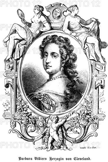 Barbara Villiers 1st Duchess of Cleveland, First Duchess (1640 -1709) England, mistress of King Charles II of England, portrait, long hair, curls, necklace, proud look back, ornamentation, two woman, naked upper body, mirror, angel, bow and arrow, historical illustration 1863
