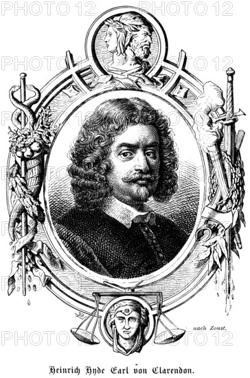 Henry Hyde 4th Earl of Clerendon and 2nd Earl of Rochester, Earl (1672 - 1753) England, portrait, officer of the English army, member of the House of Commons, long hair, curls, chin beard, moustache, ornamentation, symbolism, Janus head, two faces, sword, torch, heraldry, historical illustration 1863