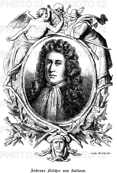 Andrew Fletcher of Saltoun (1655 - 1716) Scotland, writer, military leader in the Monmouth Rebellion, opponent of the 1707 Act of Union, union of England and Scotland, portrait, wig, curls, kerchief, serious look, ornamentation, symbolism, skulls, swords, death, historical illustration 1863