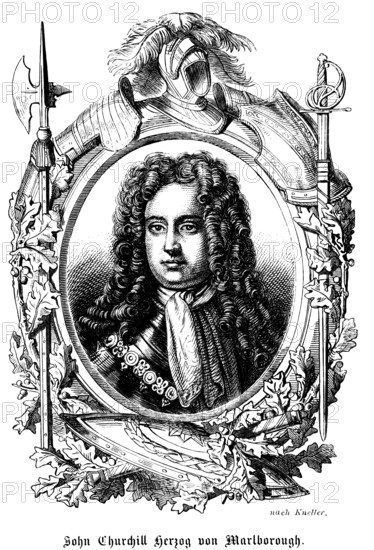 John Churchill 1st Duke of Marlborough (1650 - 1722) Duke, Prince of the Holy Roman Empire, Prince of the Holy Roman Empire, 1st Prince of Mindelheim, England, General of the British Army, Monmouth Rebellion, British Army, portrait, wig, curls, scarf, necklace, ornamentation, feather, helmet, sword, halberd, knight, historical illustration 1863