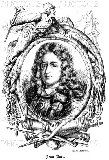 Jean Bart or Jan Baert (1650 - 1702) Flanders, France, Franco-Flemish privateer, later admiral of the French navy under King Louis XIV, portrait, wig, curls, smile, ornamentation, blessing ship, cannons, anchor chains, sailor, historical illustration 1863