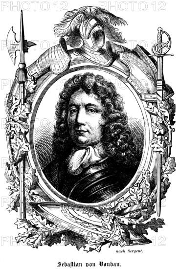 Sébastien Le Prestre, Marquis of Vauban (1633, 1707) France, officer in the royal French army under Louis XIV, member of the French Academy of Sciences, portrait, wig, curls, scarf, serious look, ornamentation, pen, helmet, sword, halberd, knight, historical illustration 1863