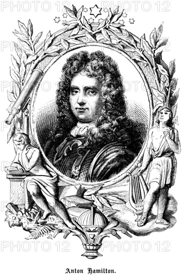 Anthony Hamilton or Antoine comte d'Hamilton (c. 1645 - 1719) Ireland, soldier in French service, poet and writer, portrait, wig, curls, scarf, serious look, ornamentation, stars, harp, reading a book, telescope, leaves, historical illustration 1863