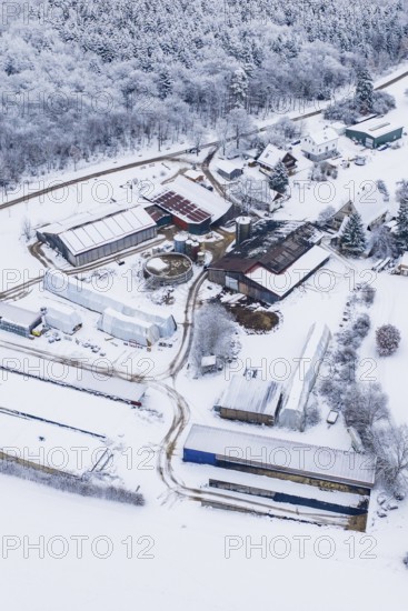 Close-up of a snow-covered farm in a snowy landscape, Haselstaller Hof, Gechingen, Calw district, Germany