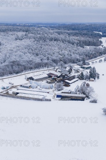 Snowy landscape with farm surrounded by forests and fields under grey skies, Haselstaller Hof, Gechingen, Calw district, Germany