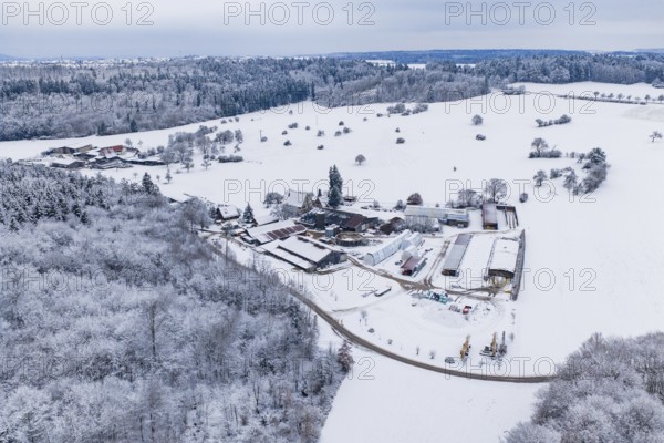 Snow-covered farm in a vast winter landscape, surrounded by forests, Haselstaller Hof, Gechingen, Calw district, Germany