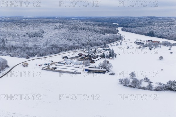 Extensive winter landscape with a snowy farm surrounded by forests and fields, Haselstaller Hof, Gechingen, Calw district, Germany